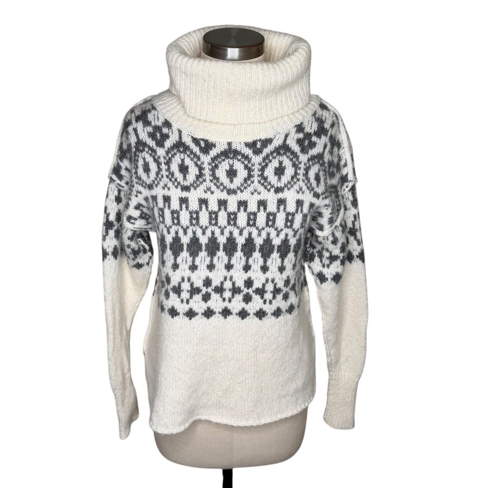 NSF Turtleneck Sweater Cream Grey Fair Isle Wool Blend Women's Size Small